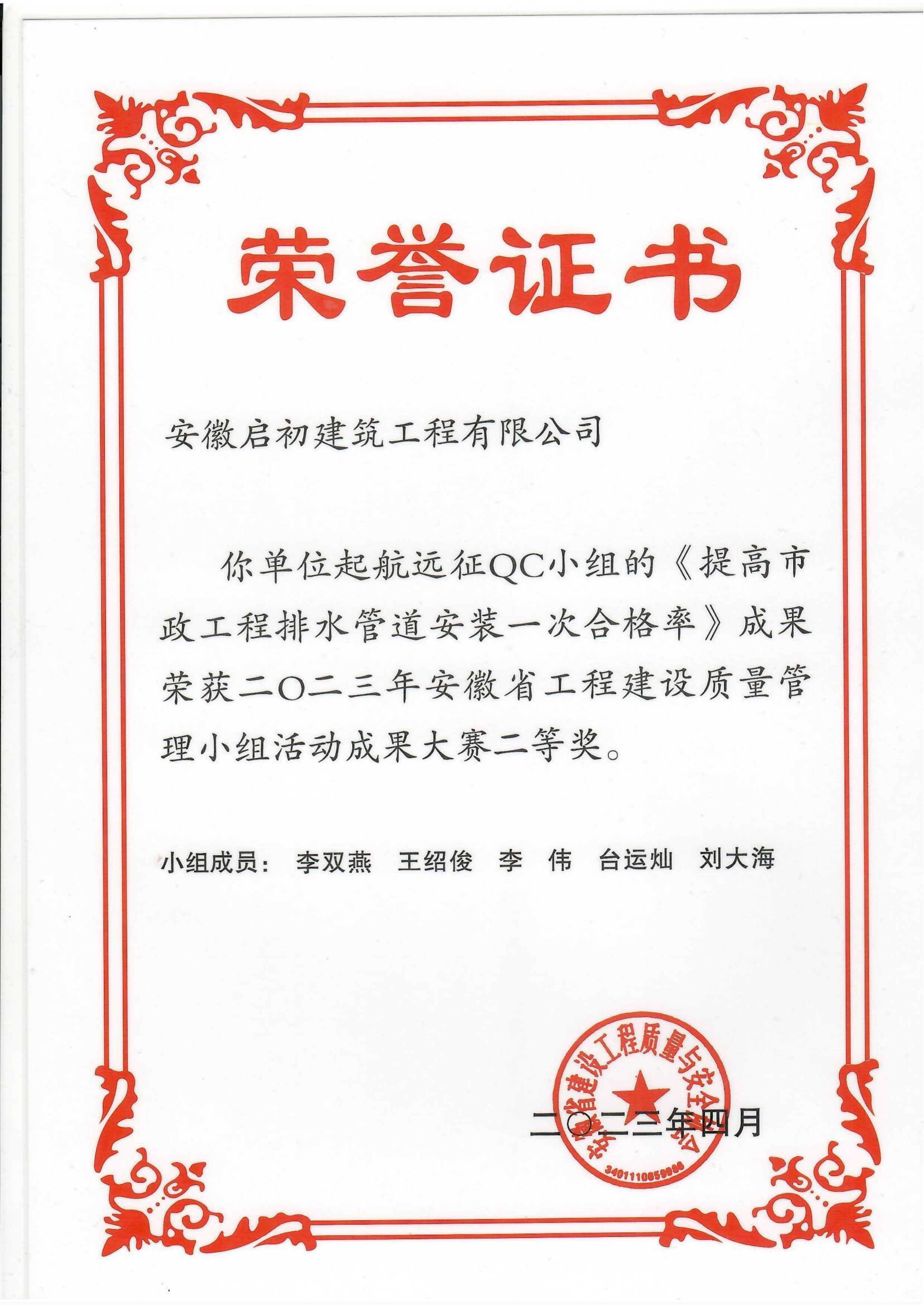 省級QC小組二等獎